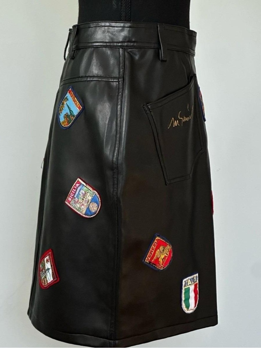 Vintage 90s Moschino Jeans Patch Faux Leather Skirt US 14 - Picture 3 of 8